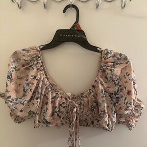 Blush Floral Puff Sleeve Crop Top in Pink and Cream by Blush